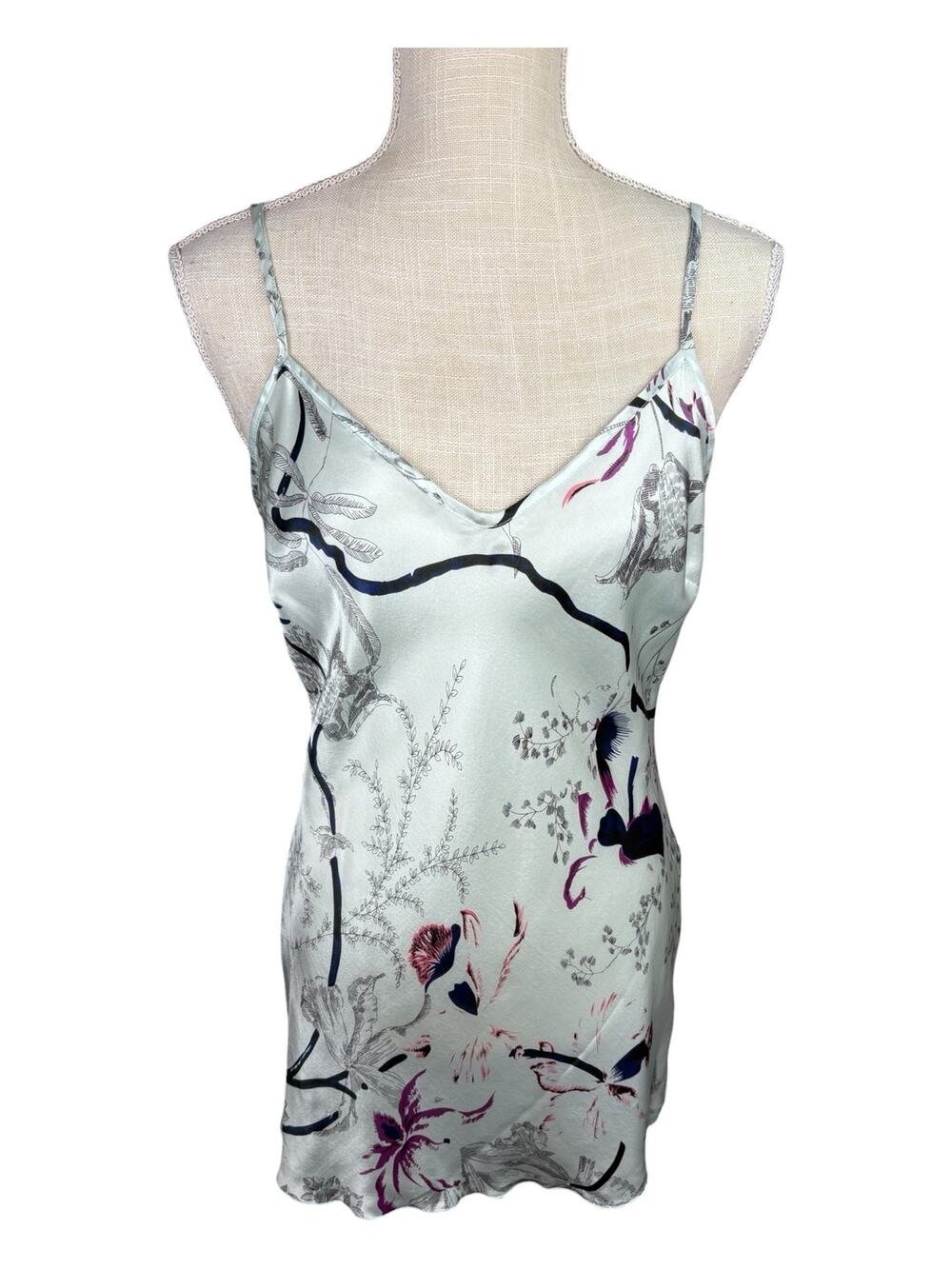 Hale Bob 100% Silk Camisole Chemise Nightgown Lingerie Women's Large Light Blue